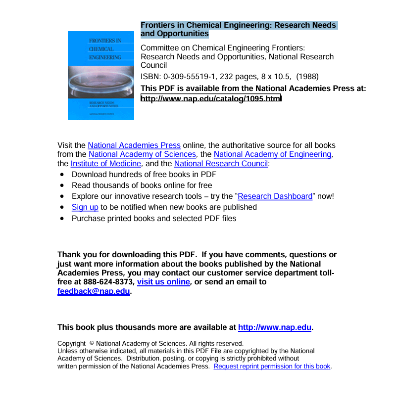 Frontiers in Chemical Engineering: Research Needs  and Opportunities