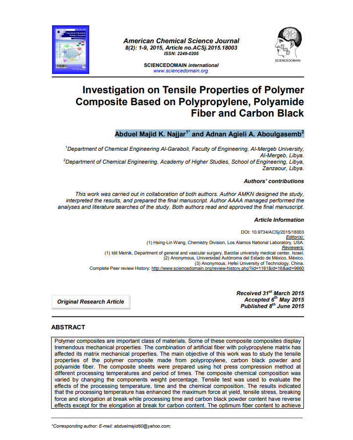 Investigation on Tensile Properties of Polymer  Composite Based on Polypropylene, Polyamide  Fiber and Carbon Black